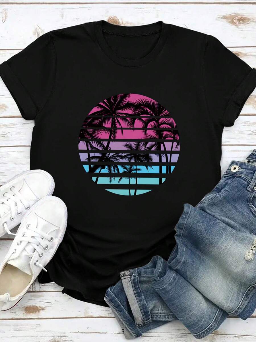 INAWLY 椰子树日落天空印花短袖圆领 T 恤，休闲图案 T 恤女式上衣 - 黑色 - 查看 1