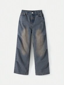 Tween Girl Vintage Phong Cách Mỹ Washed Wrinkle Loose-Fit Quần Jean Phong Cách Đường Phố - Rửa nhẹ - Xem 1