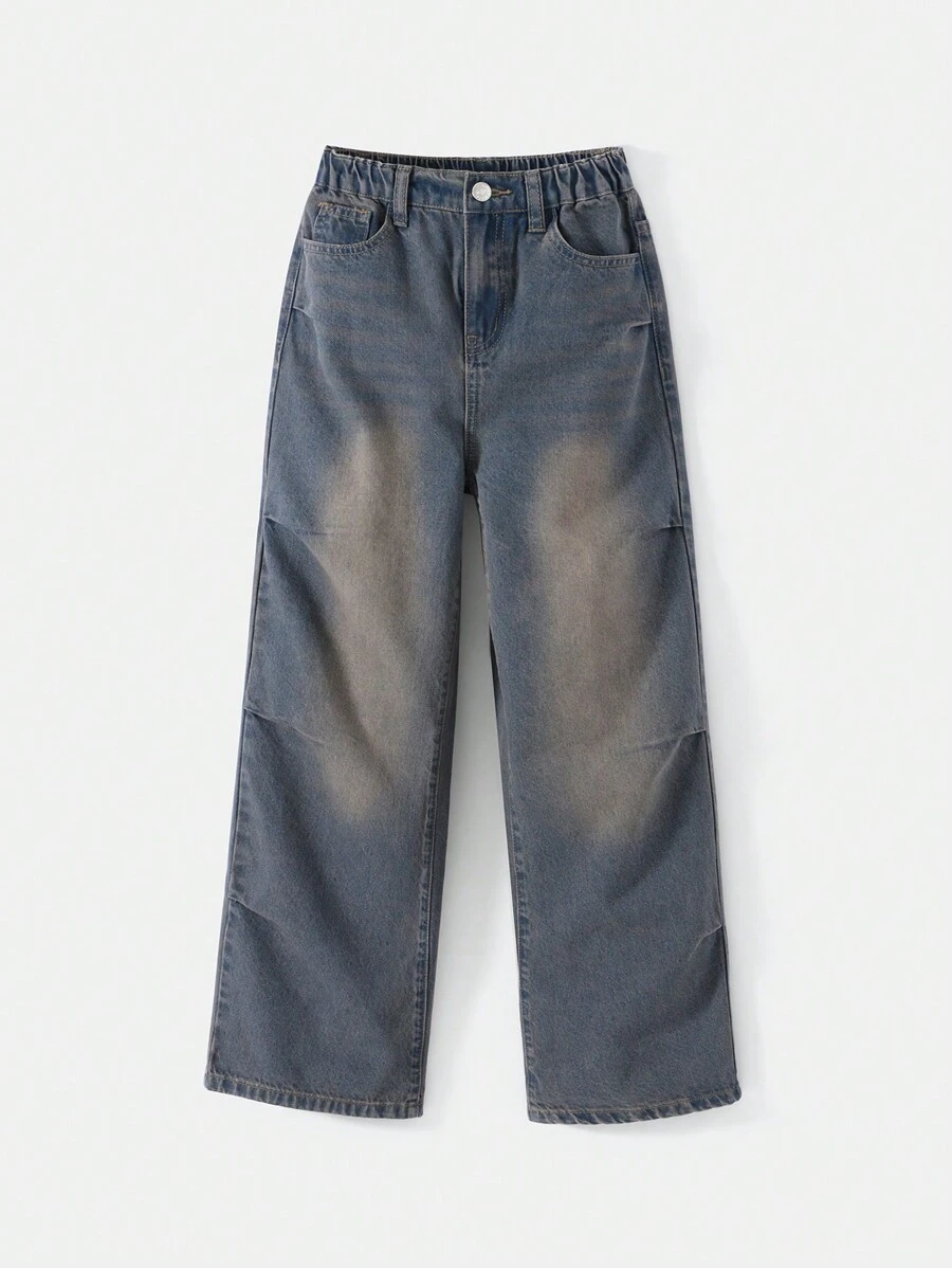 Tween Girl Vintage Phong Cách Mỹ Washed Wrinkle Loose-Fit Quần Jean Phong Cách Đường Phố - Rửa nhẹ - Xem 1