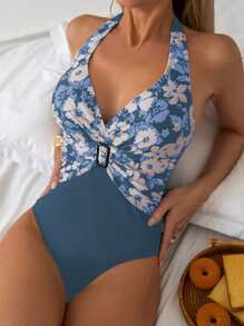 SHEIN Swim Women One-Pieces Backless Simpul Memutar Blok Warna Bunga Plants - MultiWarna - View 3