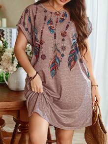 SHEIN LUNE Plus Size Round Neck Feather Print Casual Batwing Sleeve Dress For Summer - Multicolor - View 3