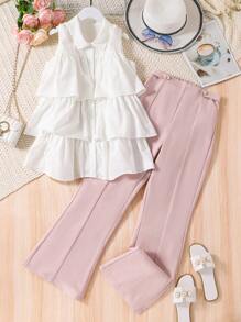 Teen Girl Sweet Style Layered Ruffle Hem Shirt & Seam Front Flare Leg Pants Two-Piece Outfit - Multicolor - View 1
