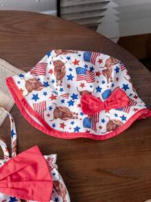 SHEIN Conjunto de 3 piezas para niña joven en vacaciones casuales con detalle de arco en 3D compuesto por top tubular, falda y gorro para el sol para el Eid del verano