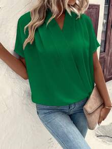 SHEIN Clasi 女士V領簡約純色短袖襯衫 - 綠色 - 查看 4