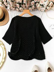 SHEIN LUNE ملابس علوية أنيقة للنساء بمقاسات كبيرة بلون صامد ومصممة بالطيات اليدوية - الأسود - مشاهدة 2