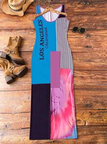 LONESS Đầm không tay mùa hè cỡ lớn có đường viền cổ tròn, khối màu và họa tiết in toàn thân - Nhiều màu - Xem 5