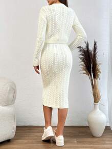 EURMUSE Cable Knit Sweater & Skirt Co-Ord Set - White - View 2