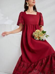Seusyu 勃艮第红女士纯色方领短袖孔眼刺绣连衣裙，非常适合夏季 - 酒紅色 - 查看 7