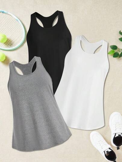 Easithlete Plus Size Women Summer Solid Color Casual Round Neck Sporty Tank Top 3-Piece Set