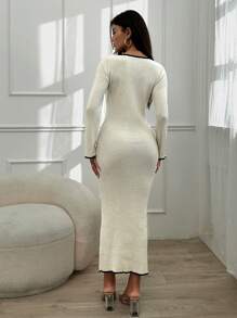 Cloudara Contrast Trim Ribbed Sweetheart Neckline Dress - Beige - View 2