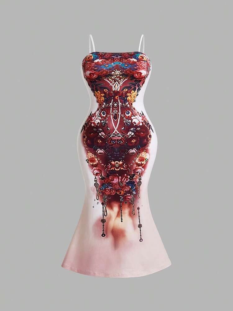 Plus Size Perspective Lace Sexy Mermaid Hem Slip Dress