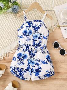 SHEIN Young Girl Floral Printed Cinching Waist Romper For Vacation And Leisure