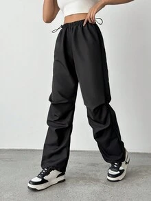 SHEIN PETITE 純色束腰收口褲 - 黑色 - 查看 6