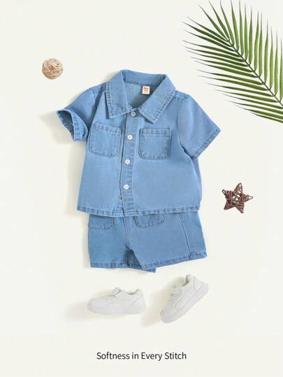 Cozy Pixies Ensemble décontracté bohème de printemps/été pour bébé garçon, 2 pièces : chemise bleu lavé avec poches à boutons et short en jean ample à taille élastique. Tenues d'été pour bébé garçon