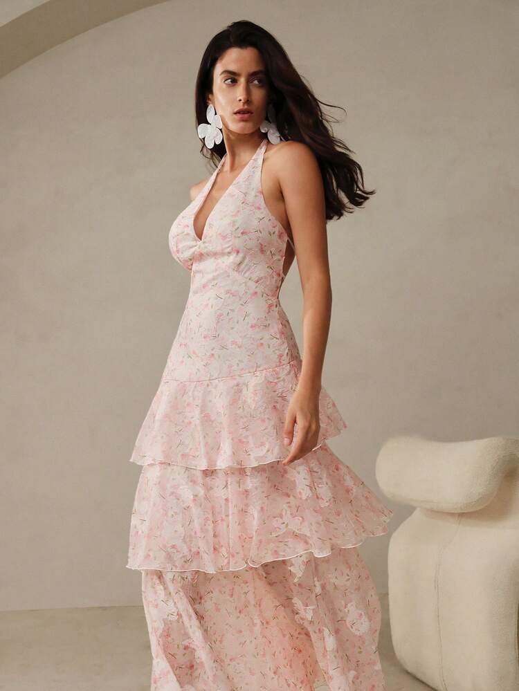 Romantic Vacation Layered Ruffle Pink V-Neck Backless Bow-Tie 3D Floral Print Fabric Dress For Women