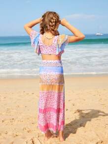 Tween Girl Floral Print Bikini Set With Skirt Cover Up Set Summer Beach - Multicolor - View 5