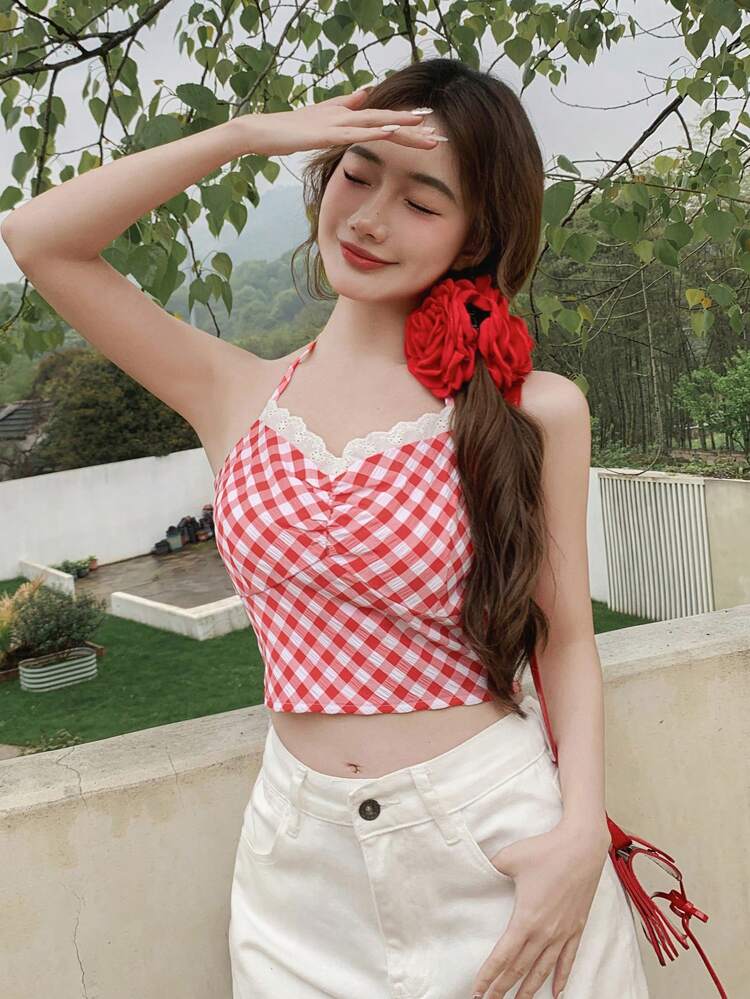 Women Casual Plaid Splice Lace Crop Top With Halter Neck For Summer Tank Tops