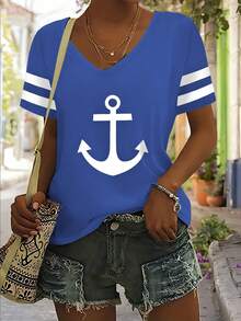 INAWLY Women Summer Anchor Print V-Neck Short Sleeve Casual T-Shirt - Blue - View 3