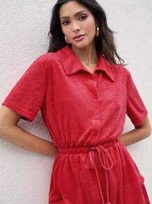 COSMINA 女性夏季休閒純色束腰連身褲 - 紅色 - 查看 3