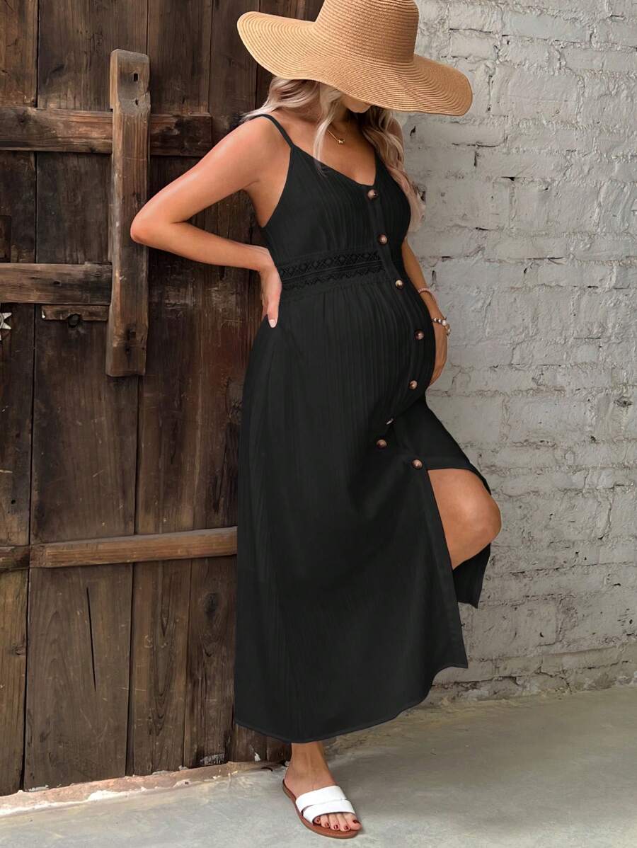 SHEIN Vestido de maternidade casual com decote simples e cor sólida para mulheres grávidas - Preto - Ver 1