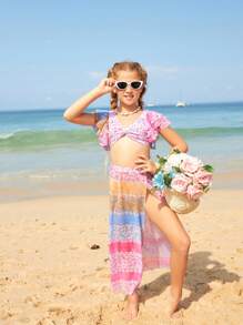 Tween Girl Floral Print Bikini Set With Skirt Cover Up Set Summer Beach - Multicolor - View 2