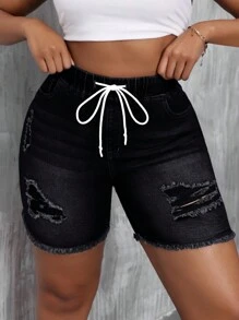 SHEIN SXY Plus Size Summer Casual Slim Fit Distressed Denim Shorts