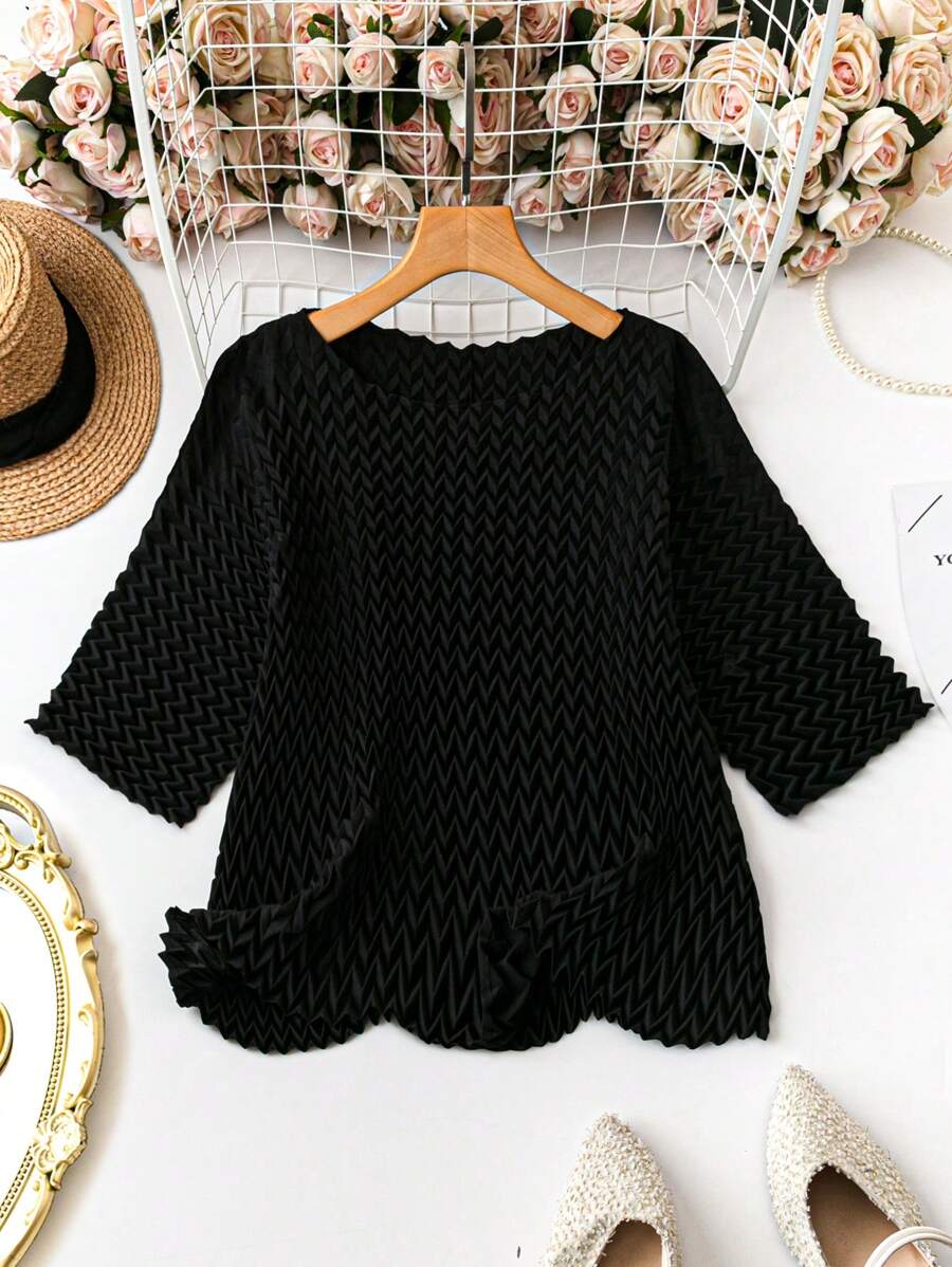 SHEIN LUNE ملابس علوية أنيقة للنساء بمقاسات كبيرة بلون صامد ومصممة بالطيات اليدوية - الأسود - مشاهدة 1