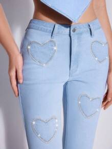 Forever 21 Women's Y2k Heart Shaped Rhinestone Decoration Jeans - Blue - View 3