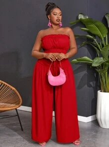 Slaydiva Plus Size Holiday Casual Solid Color Bandeau Top & Wide Leg Pants Set,Holiday Outfits - Red - View 5