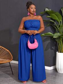Slaydiva Conjunto suelto para mujeres de tallas grandes de top sin tirantes sin estampados y pantalones palazzo de pierna ancha ideales para vacaciones - azul real - Ver 5