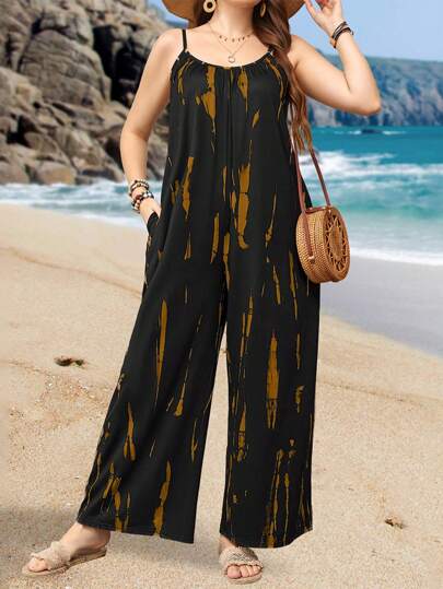 EMERY ROSE 夏季加大碼女士扎染寬鬆寬腿連身褲，附有口袋