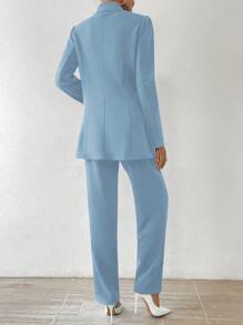 Chiquease Solid Color Double-Breasted Long Sleeve Suit Jacket And Trousers Set - Baby Blue - View 2