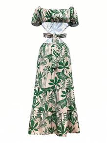 女士度假休闲植物印花露肩镂空腰连衣裙，音乐节波西米亚风格夏季优雅度假服装