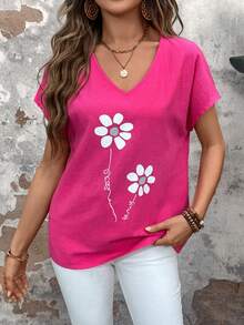 SHEIN LUNE Summer Loose-Fit Women Short-Sleeved Shirt With Floral Print In Pink - Multicolor - View 3