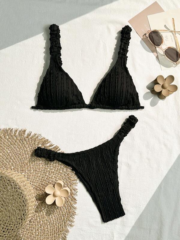 Swim Mod Ladies Solid Color Textured Bikini Set, Summer Beach Vacation Pool