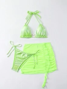 Swim SXY 女士3入組露背霓虹比基尼套裝，適用於海灘假期，夏季沙灘 - 青檸色 - 查看 3