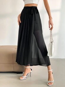 SHEIN Privé 女性優雅寬鬆半身垂墜寬褲，適合上班通勤 - 黑色 - 查看 3