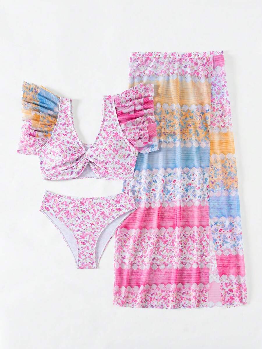 Conjunto de bikini con estampado floral y falda como cubrimiento para niña preadolescente, para el verano en la playa - Multicolor - Ver 1