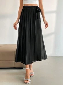 SHEIN Privé 女性優雅寬鬆半身垂墜寬褲，適合上班通勤 - 黑色 - 查看 4