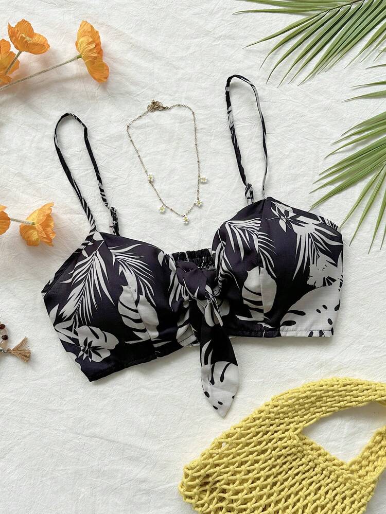 Two-Tone Floral Casual Vacation Front Tie Tank Top