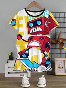 Young Boy Casual Simple Cartoon Pattern Short Sleeve T-Shirt And Shorts 2pcs/Set, Suitable For Summer - Multicolor - View 1