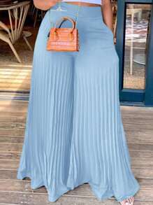 Slaydiva Women Plus Size Pleated Wide Leg Solid Color Daily Wear Trousers