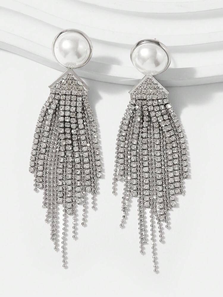 1 Pair Elegant Tassel & Pearl Dangle Earrings