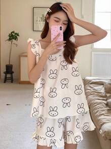 DAZY Cute Cartoon All Over Print Square Neck Camisole Top With Ruffle Trimmed Straps And Shorts Pajama Set