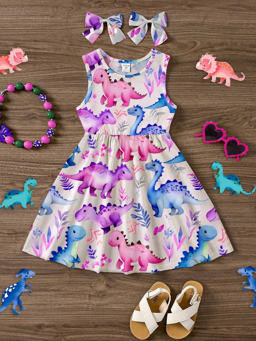 SHEIN Young Girls' Casual & Simple Cartoon Dinosaur Pattern Tank Dress Suitable For Summer - Multicolor - View 1