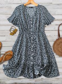 SHEIN LUNE Plus Size Nữ Cổ Chữ V Ditsy In Hoa Nút Trang Trí Mùa Hè Thường Ngày - Màu xanh lam - Xem 1