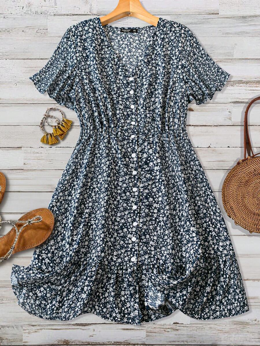 SHEIN LUNE Plus Size Nữ Cổ Chữ V Ditsy In Hoa Nút Trang Trí Mùa Hè Thường Ngày - Màu xanh lam - Xem 1