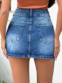 EURMUSE Rigid, Belt And Button Detailed Mini Skirt - Medium Wash - View 2