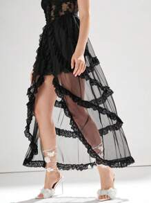 Enchnt 女性時尚純色蕾絲網帶洋裝 - 黑色 - 查看 5