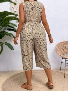 SHEIN Clasi Mono estampado sin mangas y pierna ancha para mujeres de talla grande con cintura elástica y diseño a la moda